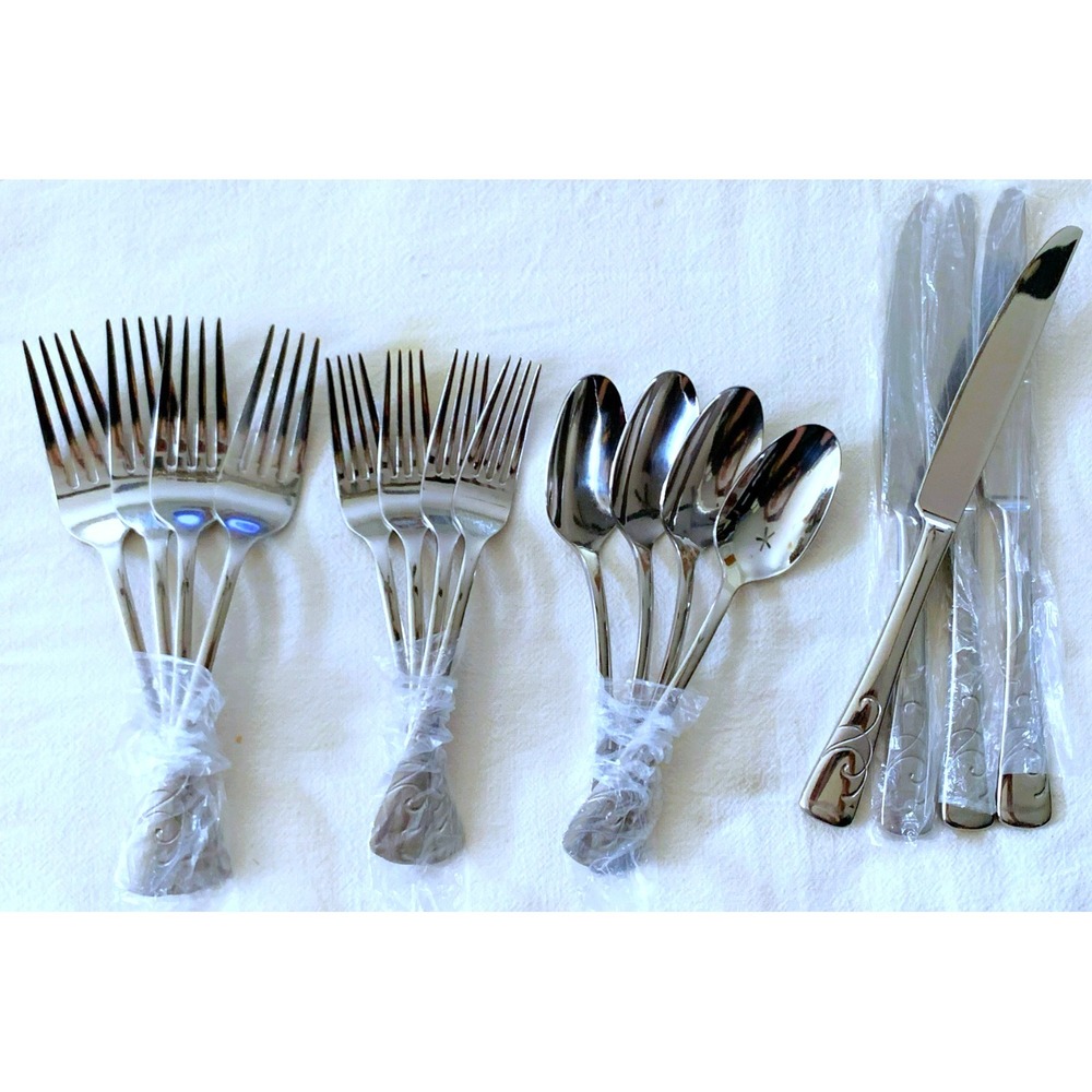 16 pcs ONEIDA SERIF Stainless Flatware SERVICE for FOUR Forks Knives Spoons NOS